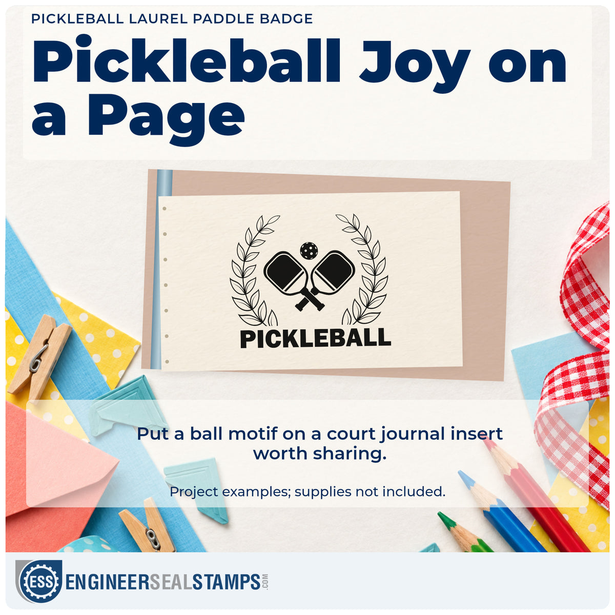 A finished handmade project stamped with the Pickleball Laurel Paddle Badge Premium Wood-Mounted Stamp – Vintage Pro, ideal for games album page.