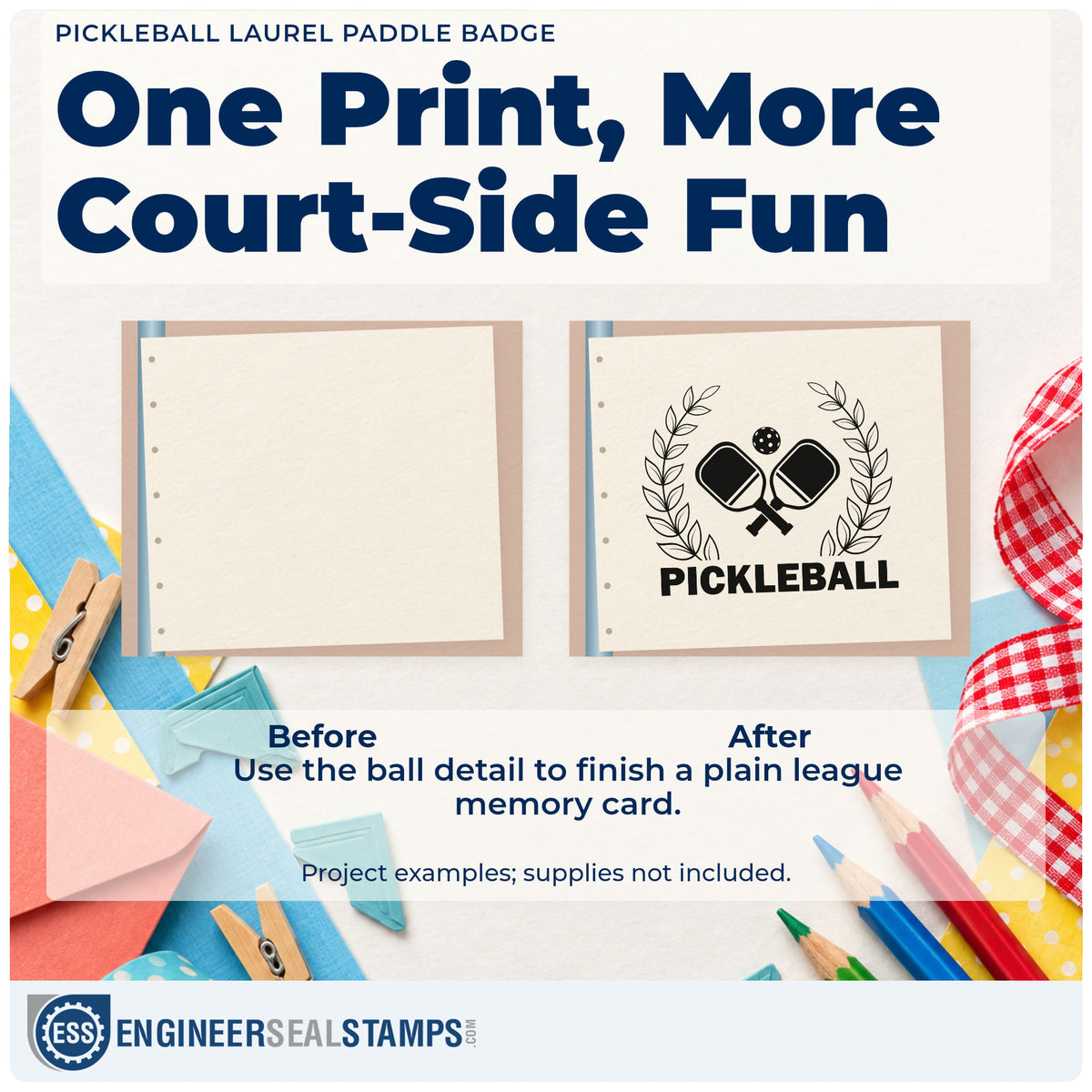 Before and after of a plain item finished with the Pickleball Laurel Paddle Badge Rubber Stamp – Duo Hand, a quick upgrade for framed venue entry.