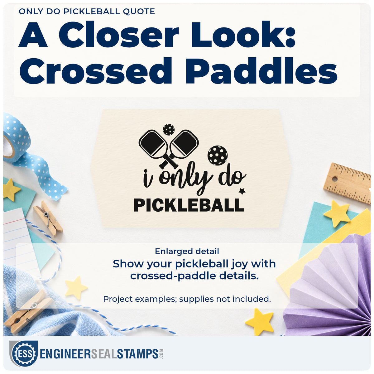 Enlarged detail of the I Only Do Pickleball Wood Handle Stamp imprint. i only do PICKLEBALL appears beneath crossed paddles and perforated balls with a small star.