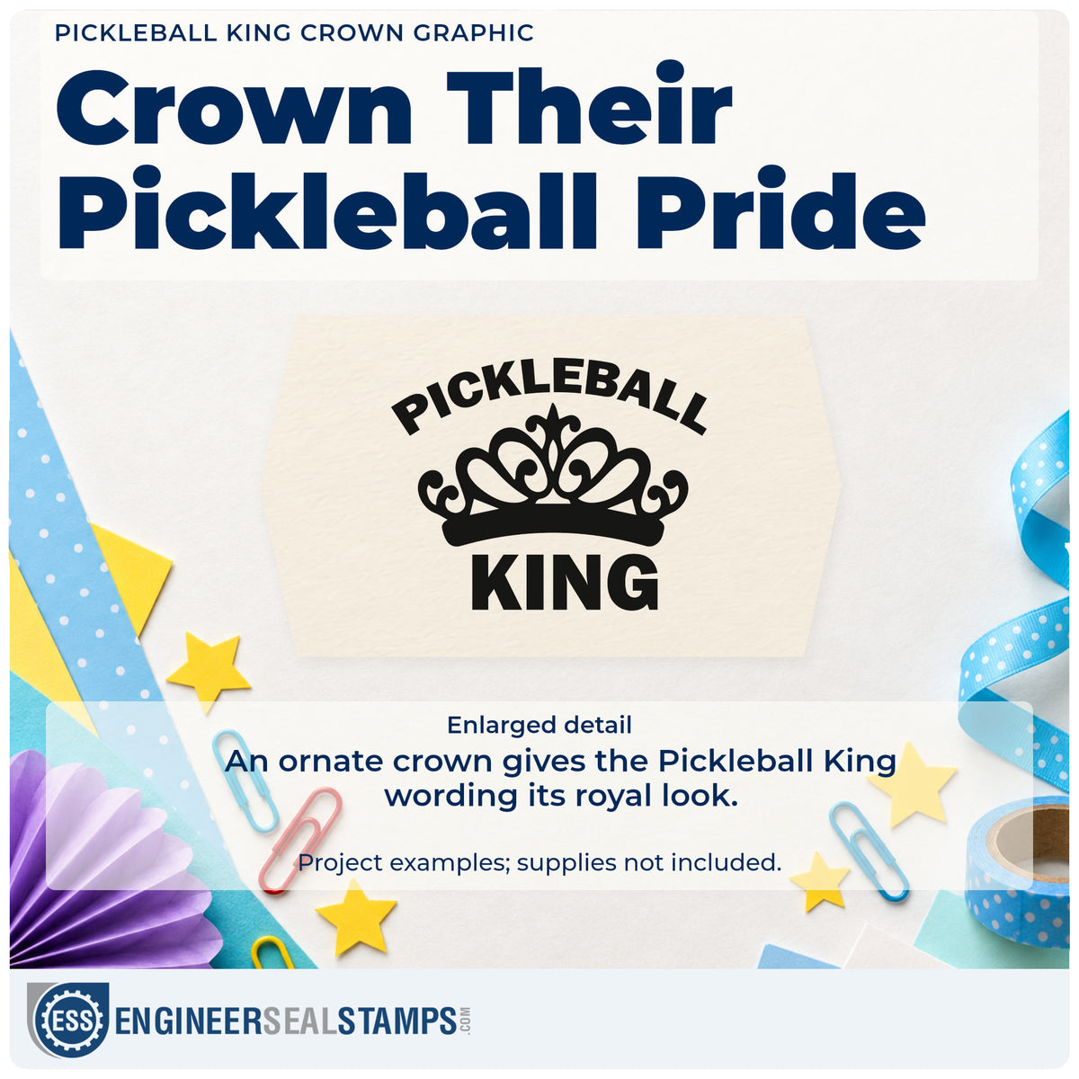 Enlarged detail of the Vintage Pro Pickleball King Crown Premium Wooden Stamp imprint. PICKLEBALL KING appears around an ornate crown.