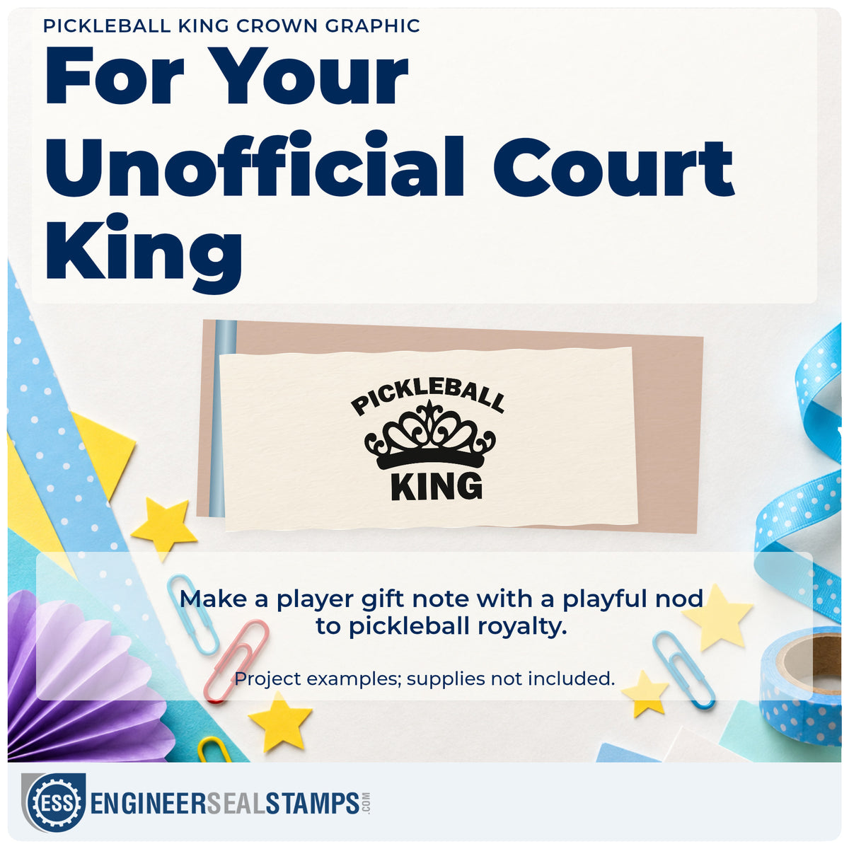 A finished handmade project stamped with the Vintage Pro Pickleball King Crown Premium Wooden Stamp, ideal for partner album page.
