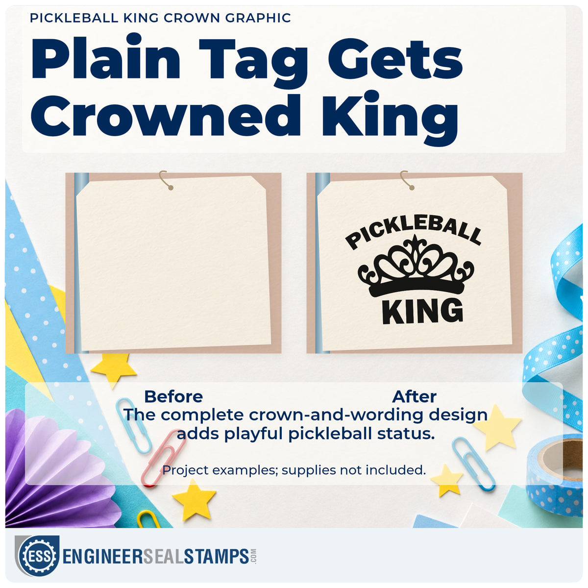 Before and after of a plain item finished with the Vintage Pro Pickleball King Crown Premium Wooden Stamp, a quick upgrade for framed garage shelf.