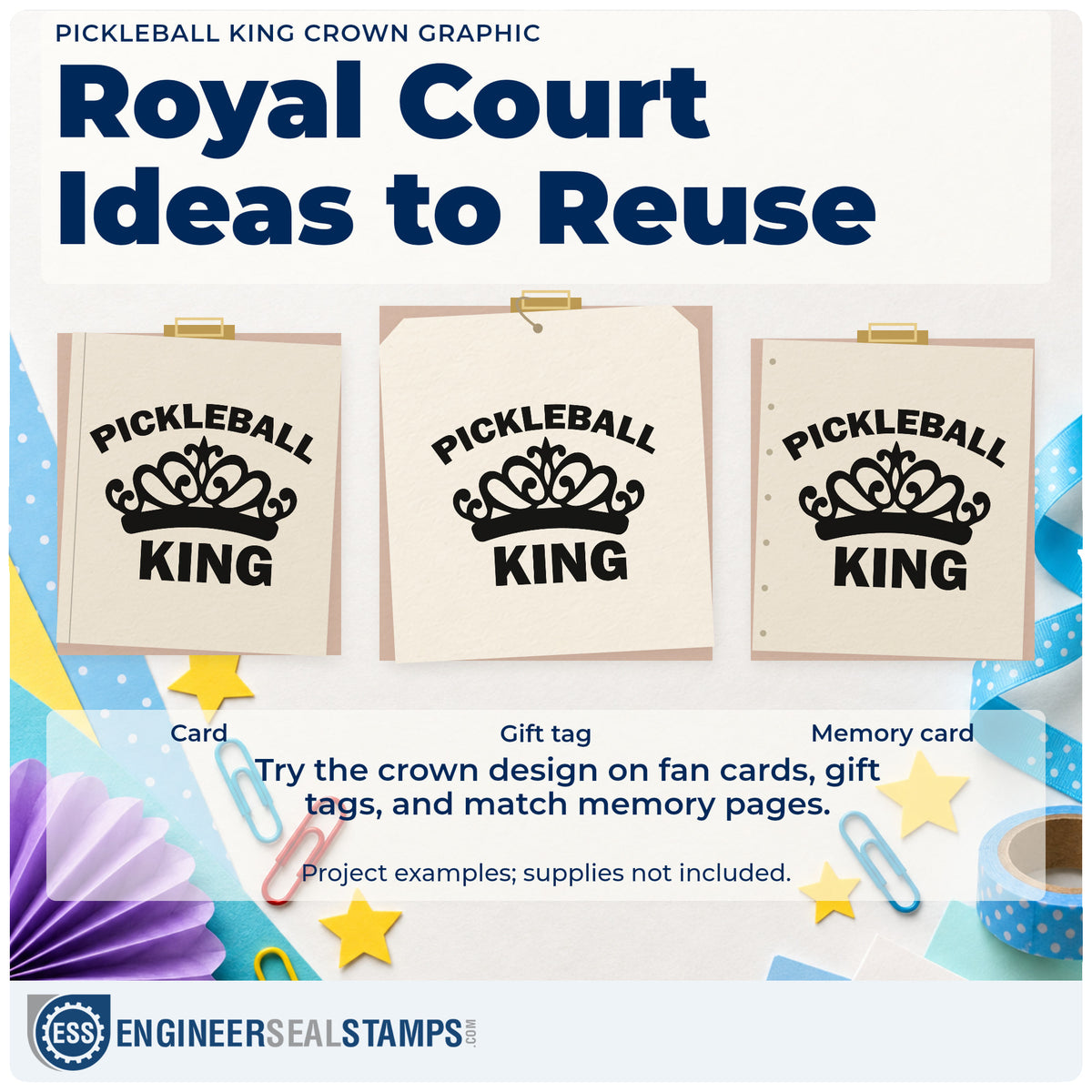 Three project examples made with the Vintage Pro Pickleball King Crown Premium Wooden Stamp, including match record sheet.