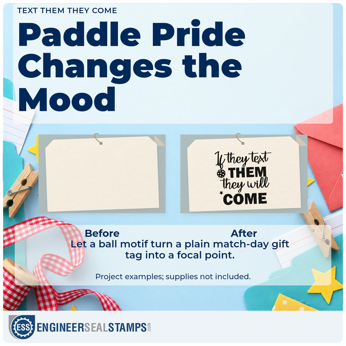 Before and after of a plain item finished with the Pickleball Text Them Word Art Rubber Stamp – Duo Hand, a quick upgrade for framed home hall.