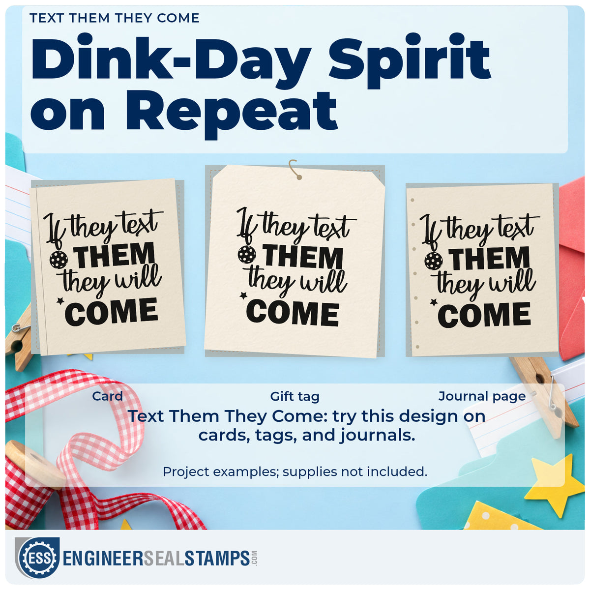 Three project examples made with the Premium Wooden Pickleball Text Them Word Art Stamp – Vintage Pro, including game arrange sheet.