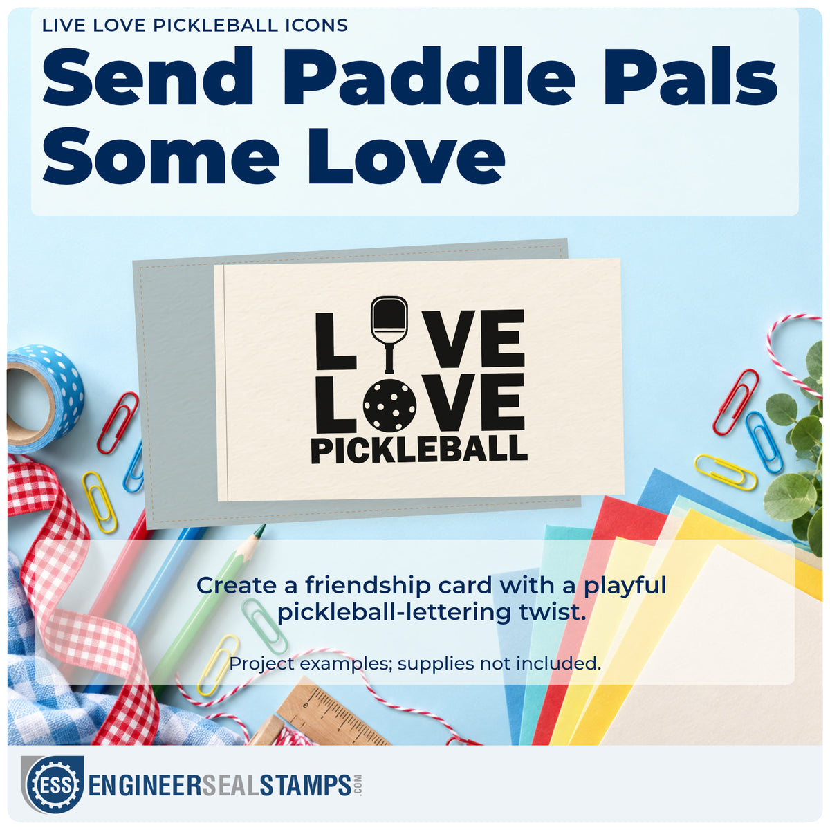 A finished handmade project stamped with the Live Love Pickleball Icons Paddle Slim Pre-Inked Stamp, ideal for resort album page.