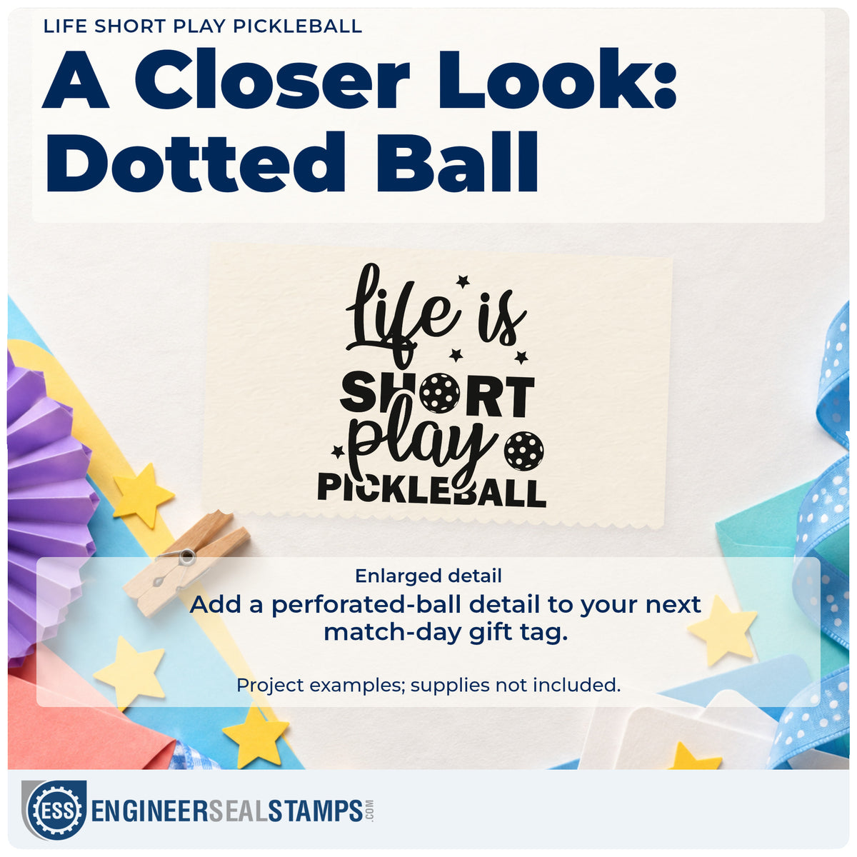 Enlarged detail of the Vintage Pro Life Short Play Pickleball Premium Wooden Stamp imprint. Life is SHORT Play PICKLEBALL appears with stars and perforated balls.