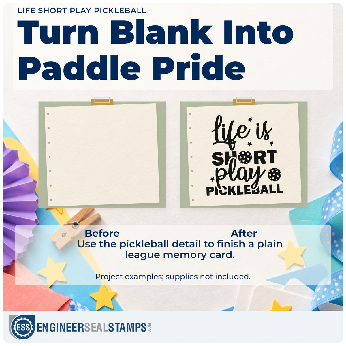 Before and after of a plain item finished with the Vintage Pro Life Short Play Pickleball Premium Wooden Stamp, a quick upgrade for framed community room.