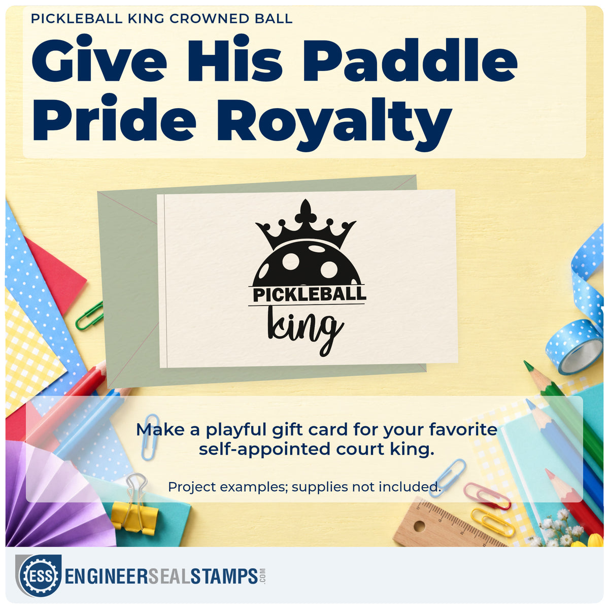 A finished handmade project stamped with the Duo Hand Pickleball King Crowned Ball Crown Rubber Stamp, ideal for banquet album page.