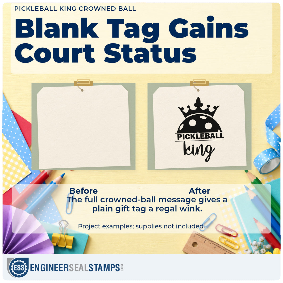 Before and after of a plain item finished with the Pickleball King Crowned Ball Crown Premium Wooden Stamp – Vintage Pro, a quick upgrade for framed banquet hall.