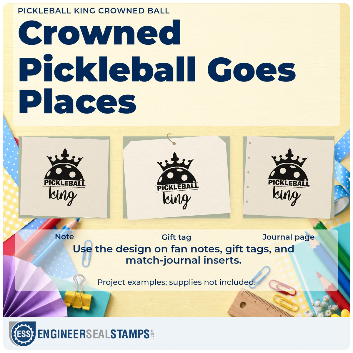 Three project examples made with the Pickleball King Crowned Ball Crown Premium Wooden Stamp – Vintage Pro, including evening run sheet.