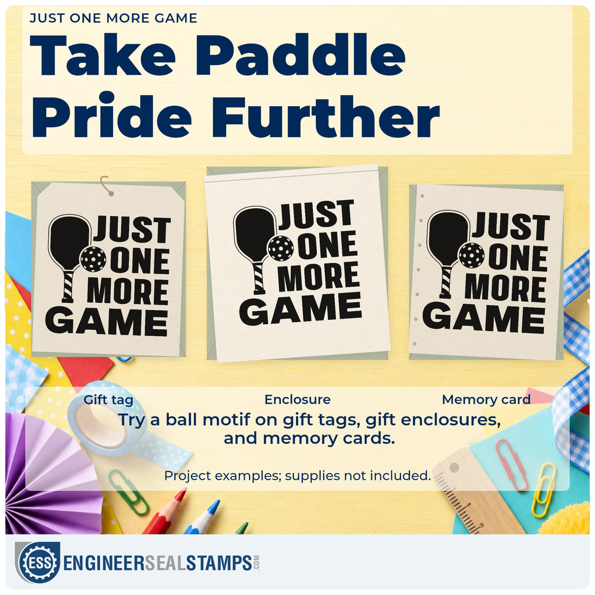 Three project examples made with the Just One More Game Paddle Rubber Stamp – Duo Hand, including midday slot sheet.