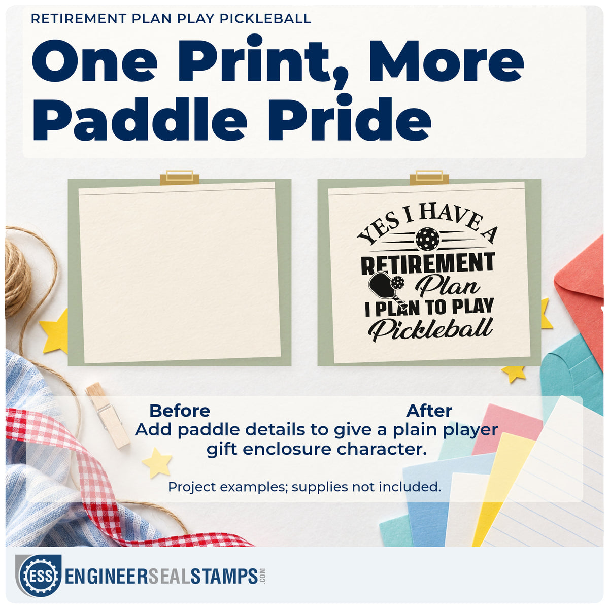 Before and after of a plain item finished with the Retirement Plan Play Pickleball Rubber Stamp – Wood Handle, a quick upgrade for framed guest table.