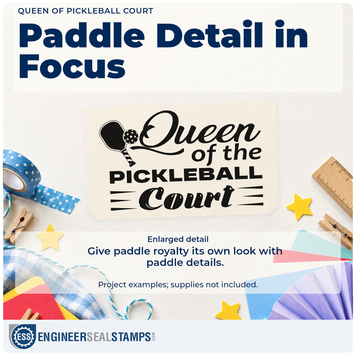 Enlarged detail of the Queen Of The Pickleball Court PSI Pre-Inked Stamp imprint. Queen of the PICKLEBALL Court appears beside a paddle and small ball with horizontal accents.