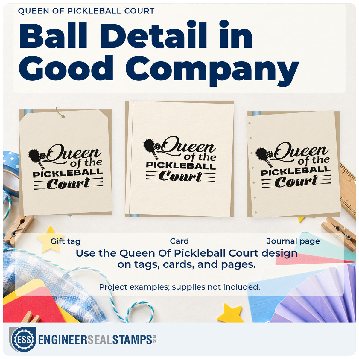 Three project examples made with the Queen Of The Pickleball Court Rubber Stamp – Duo Hand, including ceremony run sheet.