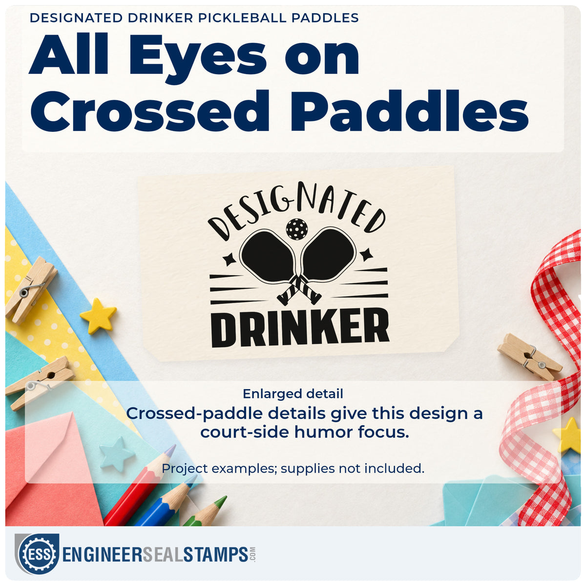 Enlarged detail of the Designated Drinker Pickleball Paddles With Stars Self-Inking Craft Stamp imprint. DESIGNATED DRINKER surrounds crossed paddles, a ball, stars, and horizontal rules.
