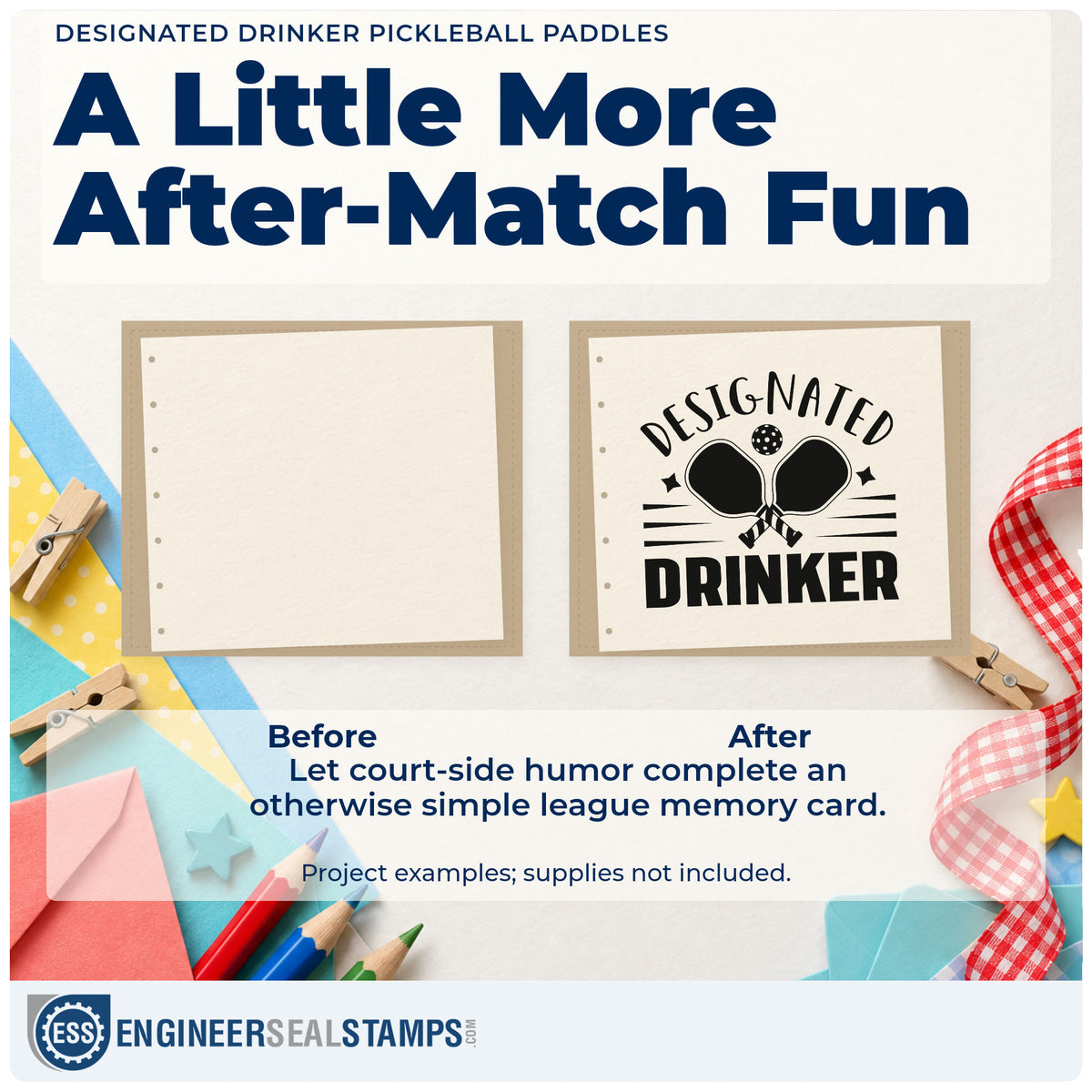 Before and after of a plain item finished with the Slim Pre-Inked Designated Drinker Pickleball Paddles With Stars Stamp, a quick upgrade for framed club bar.