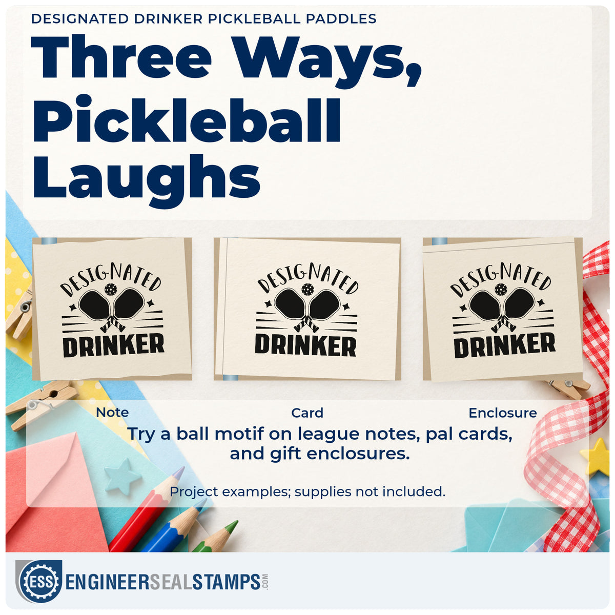 Three project examples made with the Designated Drinker Pickleball Paddles With Stars Rubber Stamp – Duo Hand, including social plan sheet.