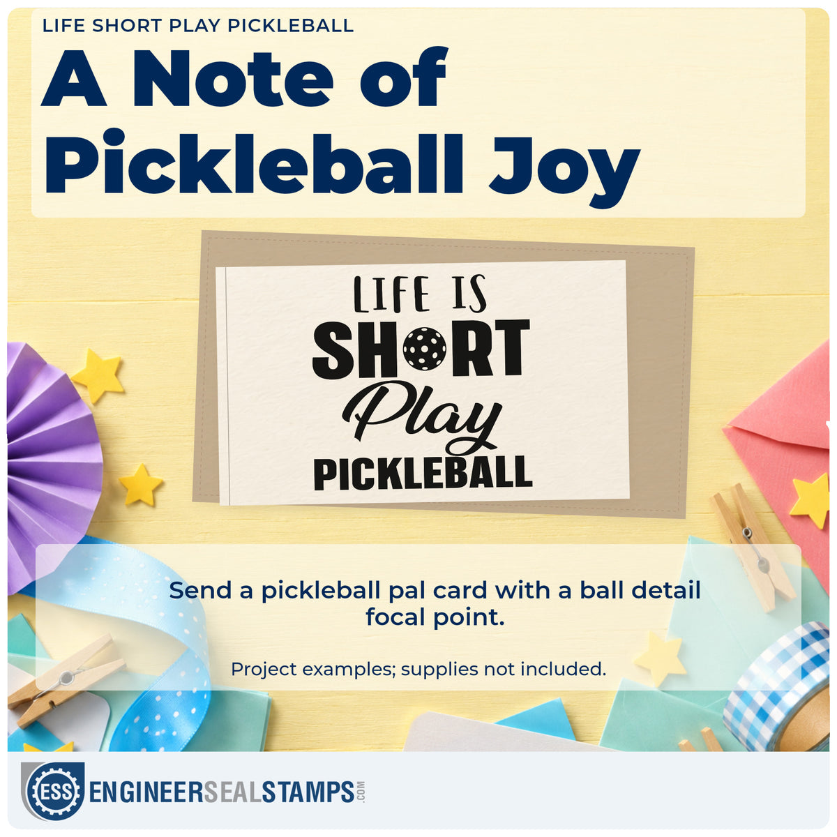 A finished handmade project stamped with the Life Is Short Play Pickleball Lettering Wood-Mounted Rubber Stamp, ideal for holiday album page.
