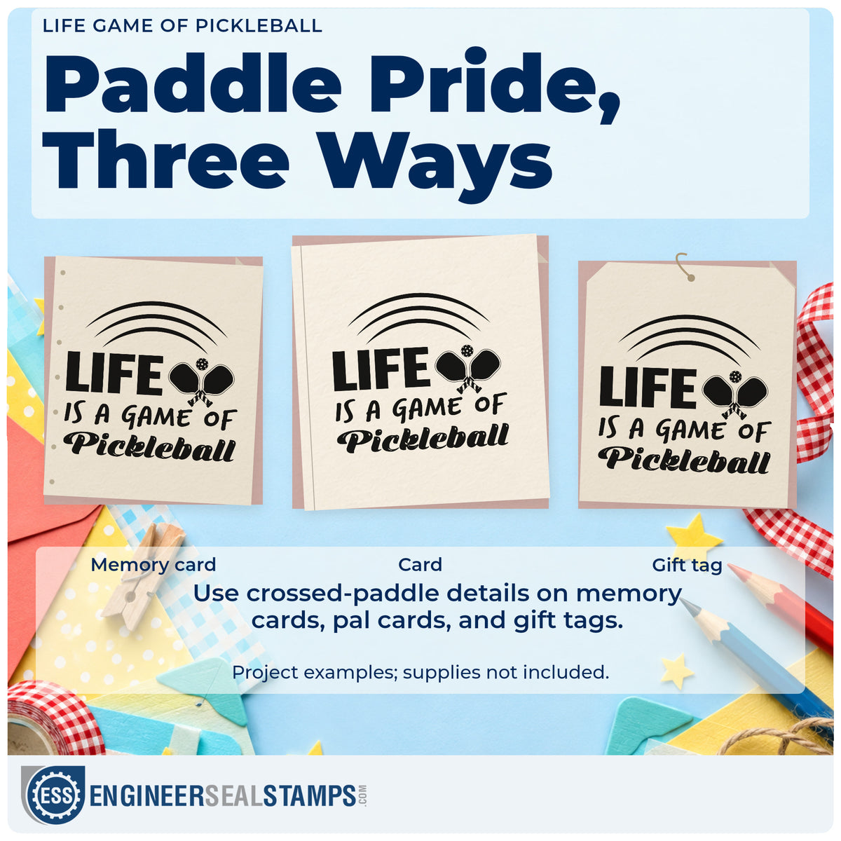 Three project examples made with the Duo Hand Life Is A Game Of Pickleball Rubber Stamp, including session rota sheet.
