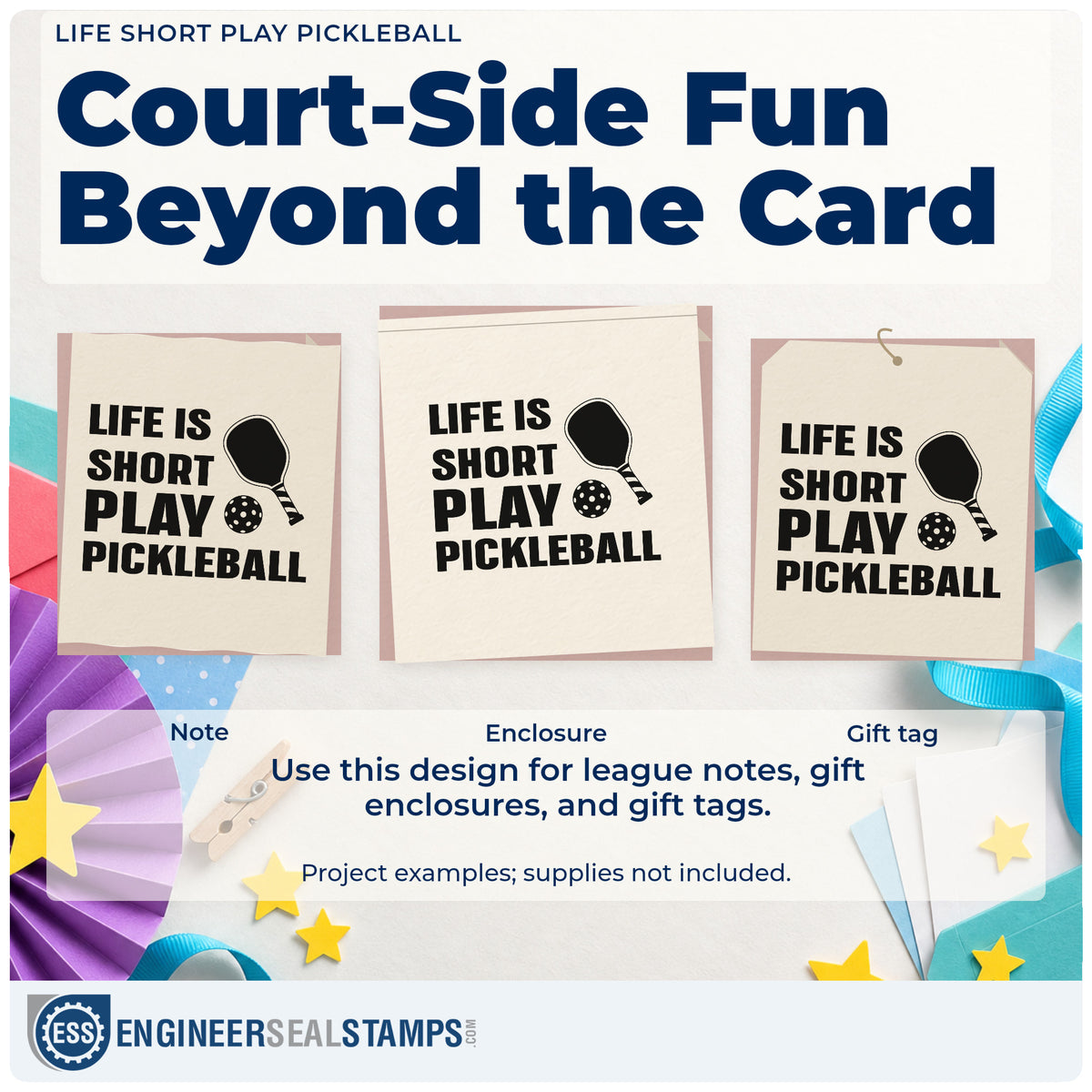 Three project examples made with the Life Is Short Play Pickleball Premium Wooden Stamp – Vintage Pro, including lesson plan sheet.