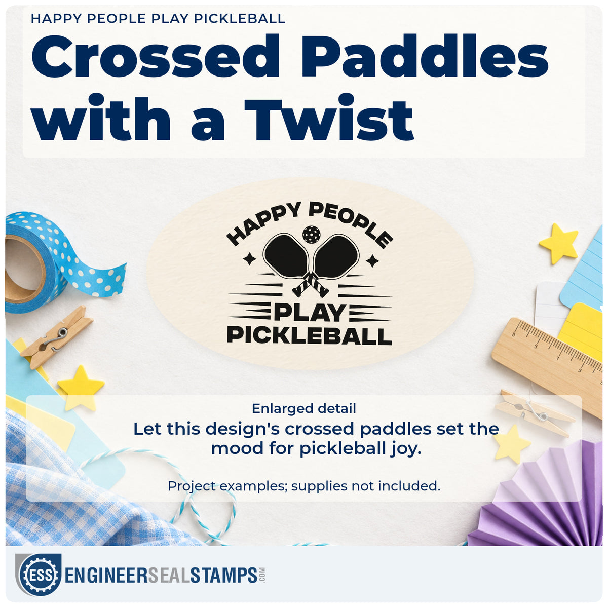 Enlarged detail of the Happy People Play Pickleball Premium Wood-Mounted Stamp – Vintage Pro imprint. HAPPY PEOPLE PLAY PICKLEBALL surrounds crossed paddles, a ball, stars, and horizontal accents.