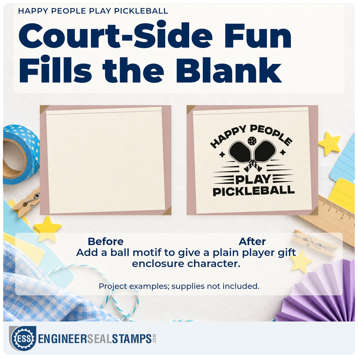 Before and after of a plain item finished with the Happy People Play Pickleball Premium Wood-Mounted Stamp – Vintage Pro, a quick upgrade for framed court shelter.