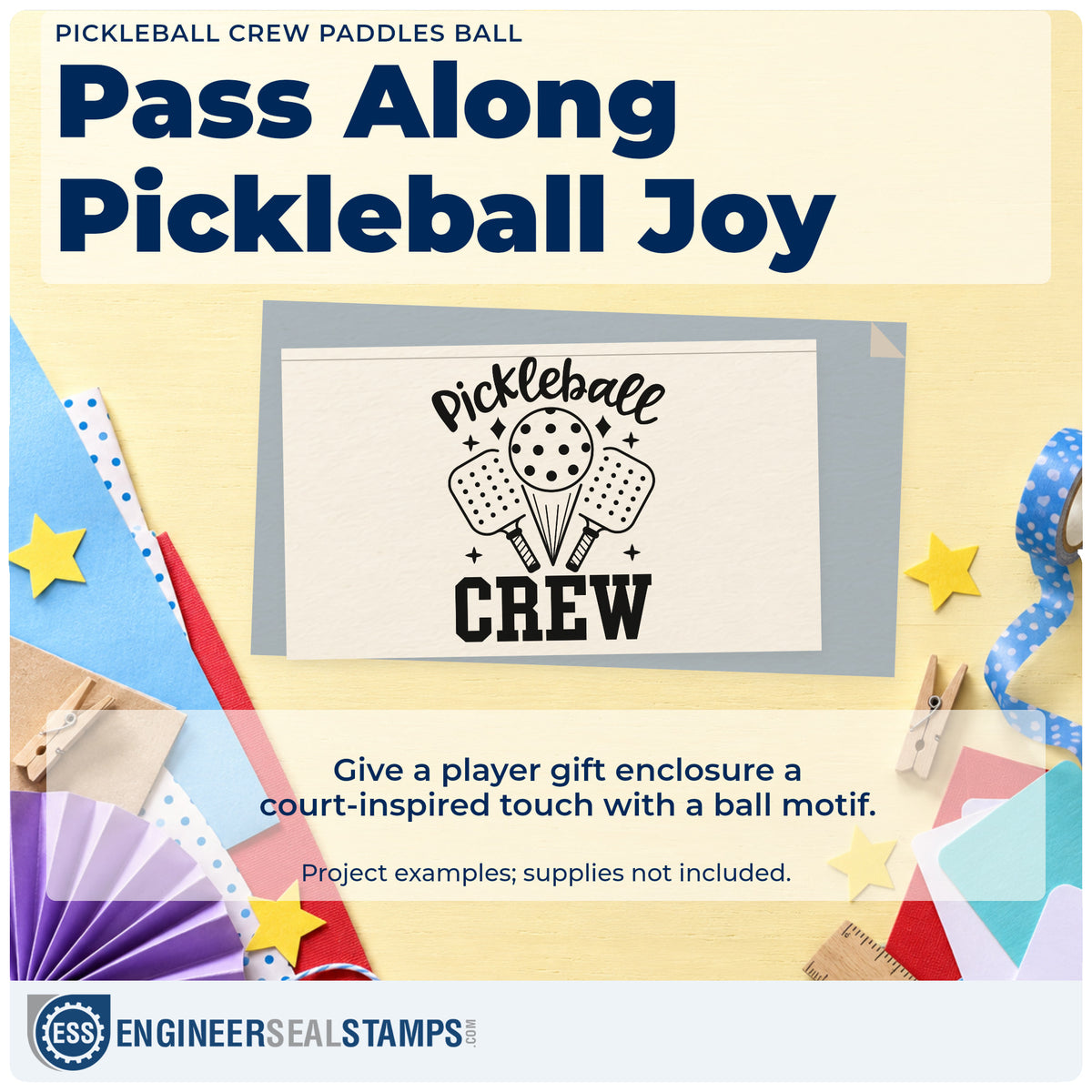 A finished handmade project stamped with the Vintage Pro Pickleball Crew Paddles Ball Premium Wooden Stamp, ideal for crew year album page.