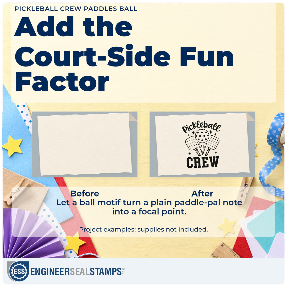 Before and after of a plain item finished with the Vintage Pro Pickleball Crew Paddles Ball Premium Wooden Stamp, a quick upgrade for framed court bench.