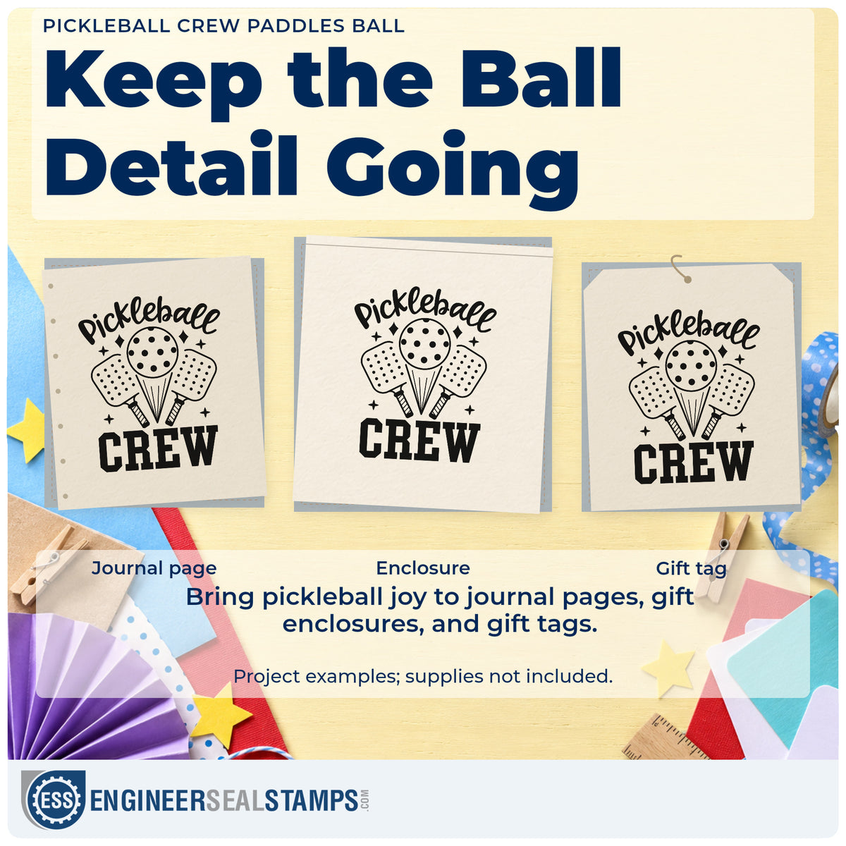 Three project examples made with the Vintage Pro Pickleball Crew Paddles Ball Premium Wooden Stamp, including order count sheet.