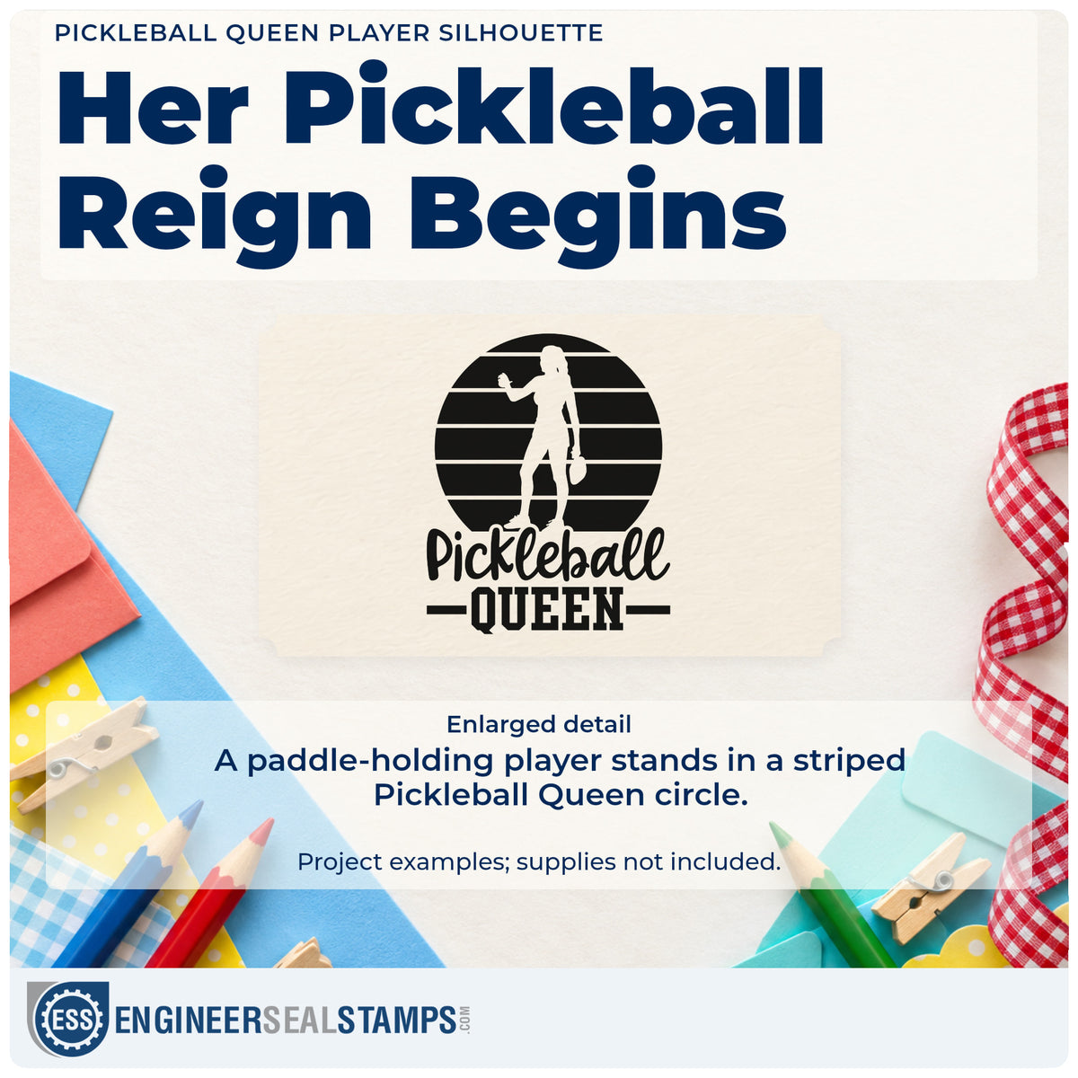 Enlarged detail of the Pickleball Queen Player Silhouette Paddle Rubber Stamp – Duo Hand imprint. A woman holding a paddle stands in a striped circle above Pickleball QUEEN.