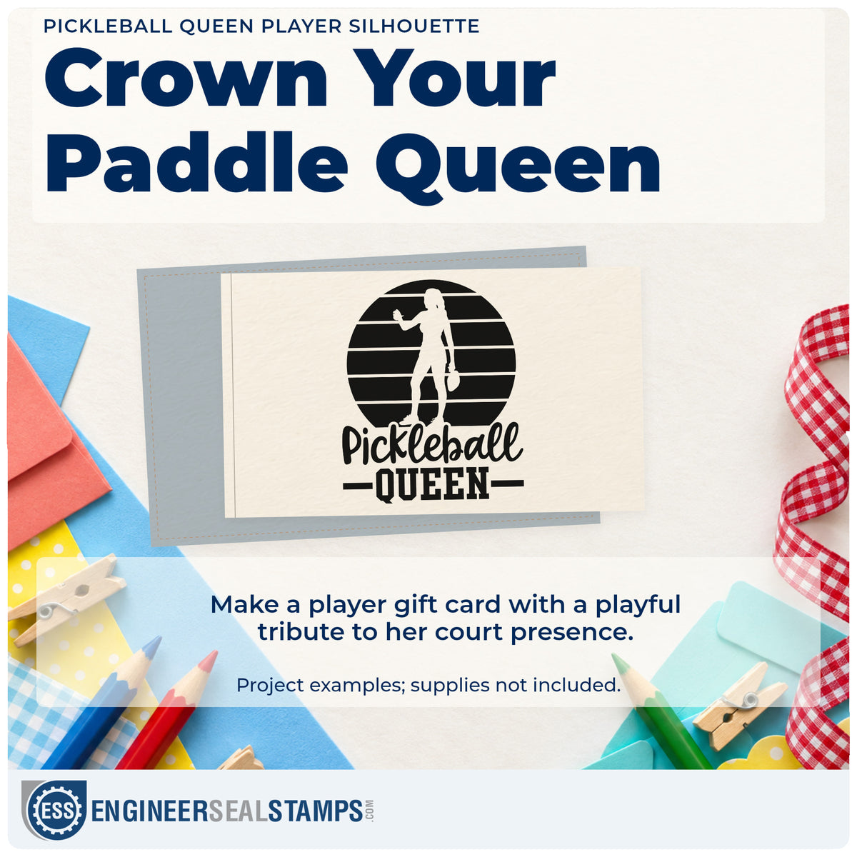 A finished handmade project stamped with the Pickleball Queen Player Silhouette Paddle Pre-Inked Stamp – PSI, ideal for program term album page.