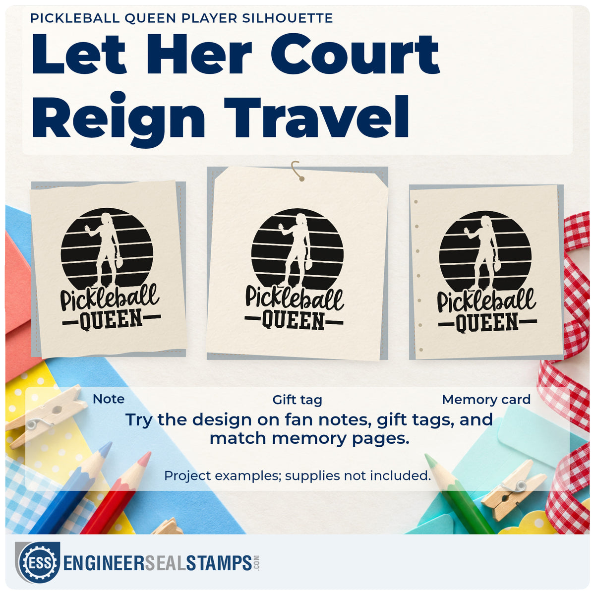Three project examples made with the Pickleball Queen Player Silhouette Paddle Rubber Stamp – Duo Hand, including skill ladder sheet.