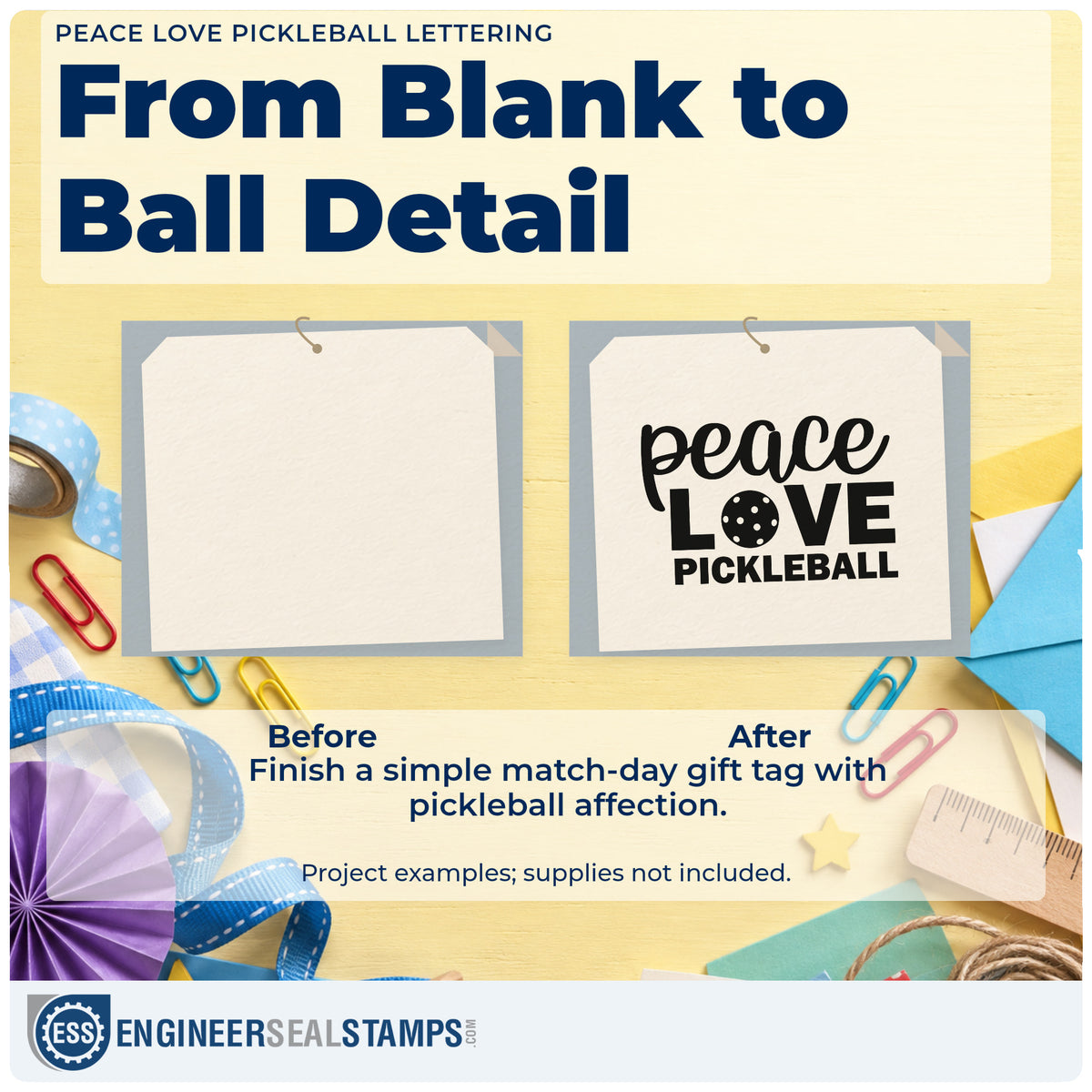 Before and after of a plain item finished with the Peace Love Pickleball Lettering Wood-Mounted Rubber Stamp, a quick upgrade for framed entry tent.
