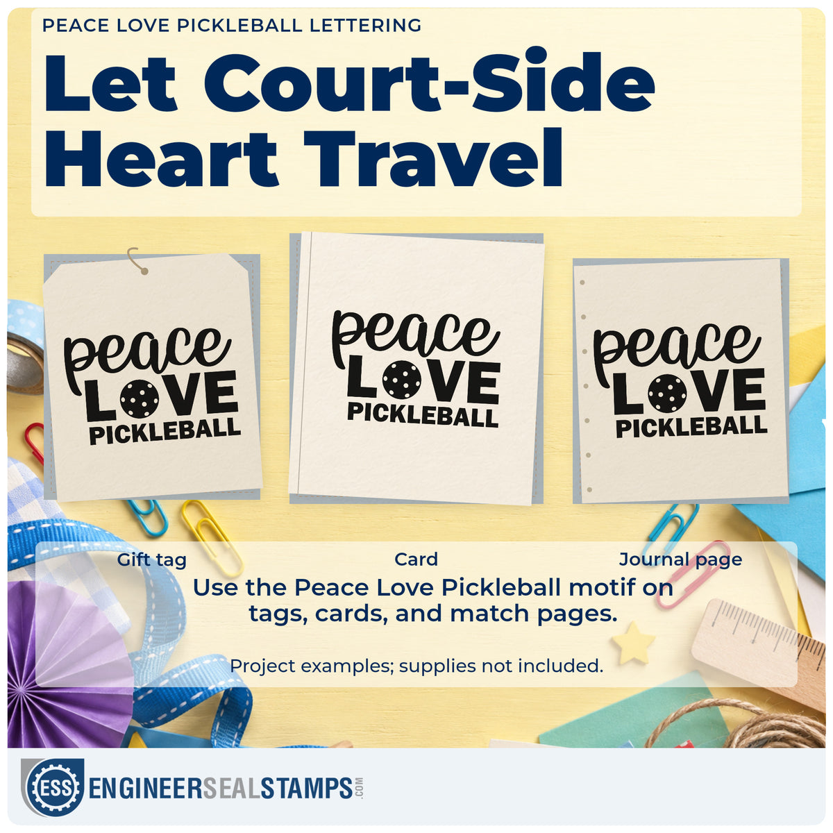 Three project examples made with the Peace Love Pickleball Lettering Wood-Mounted Rubber Stamp, including entry track sheet.