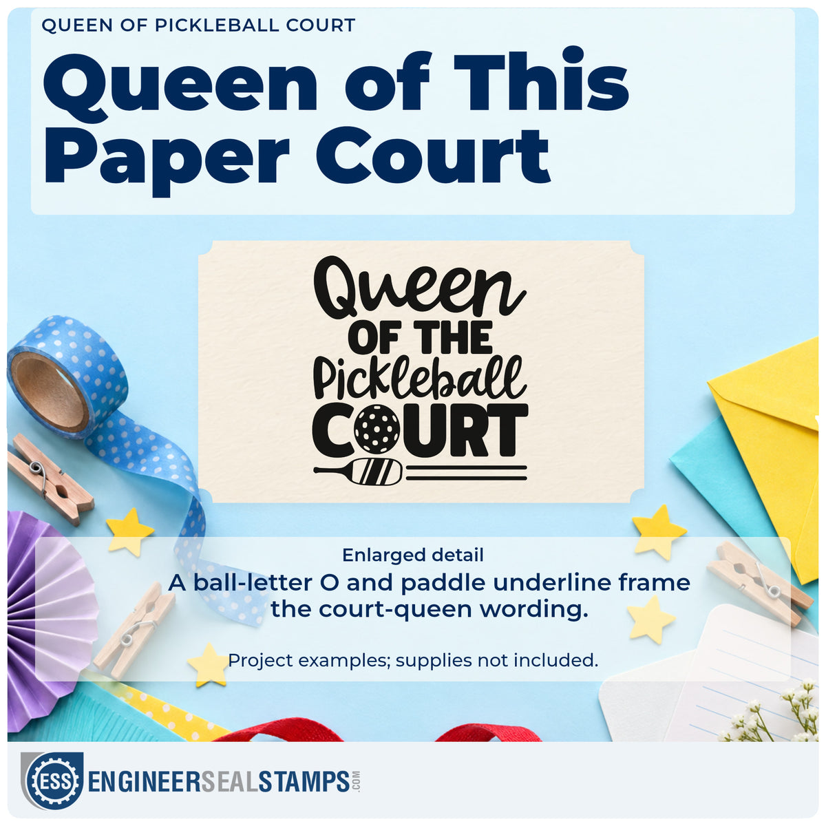 Enlarged detail of the Queen Of Pickleball Court Stamp – Duo Hand imprint. Queen OF THE Pickleball COURT appears with a ball-letter O and a paddle underline.