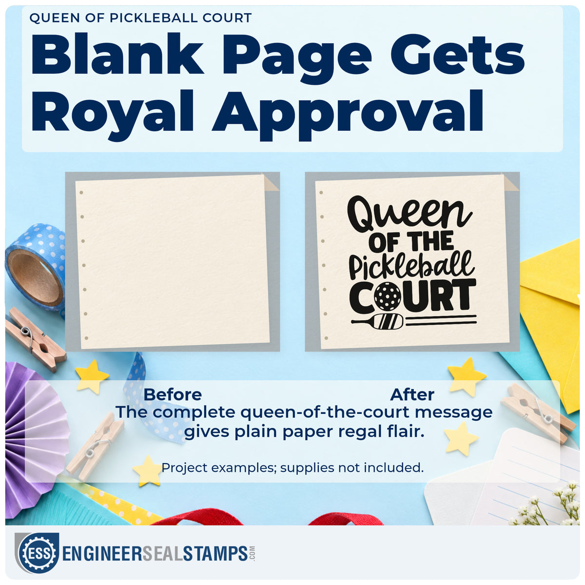 Before and after of a plain item finished with the Queen Of Pickleball Court Rubber Stamp – Wood Handle, a quick upgrade for framed kitchen shelf.