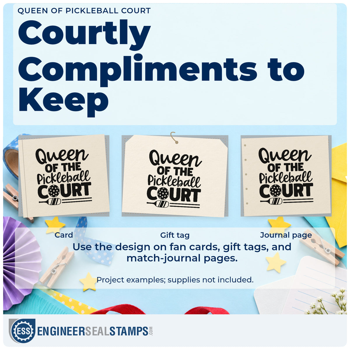 Three project examples made with the Queen Of Pickleball Court Stamp – Duo Hand, including play date sheet.