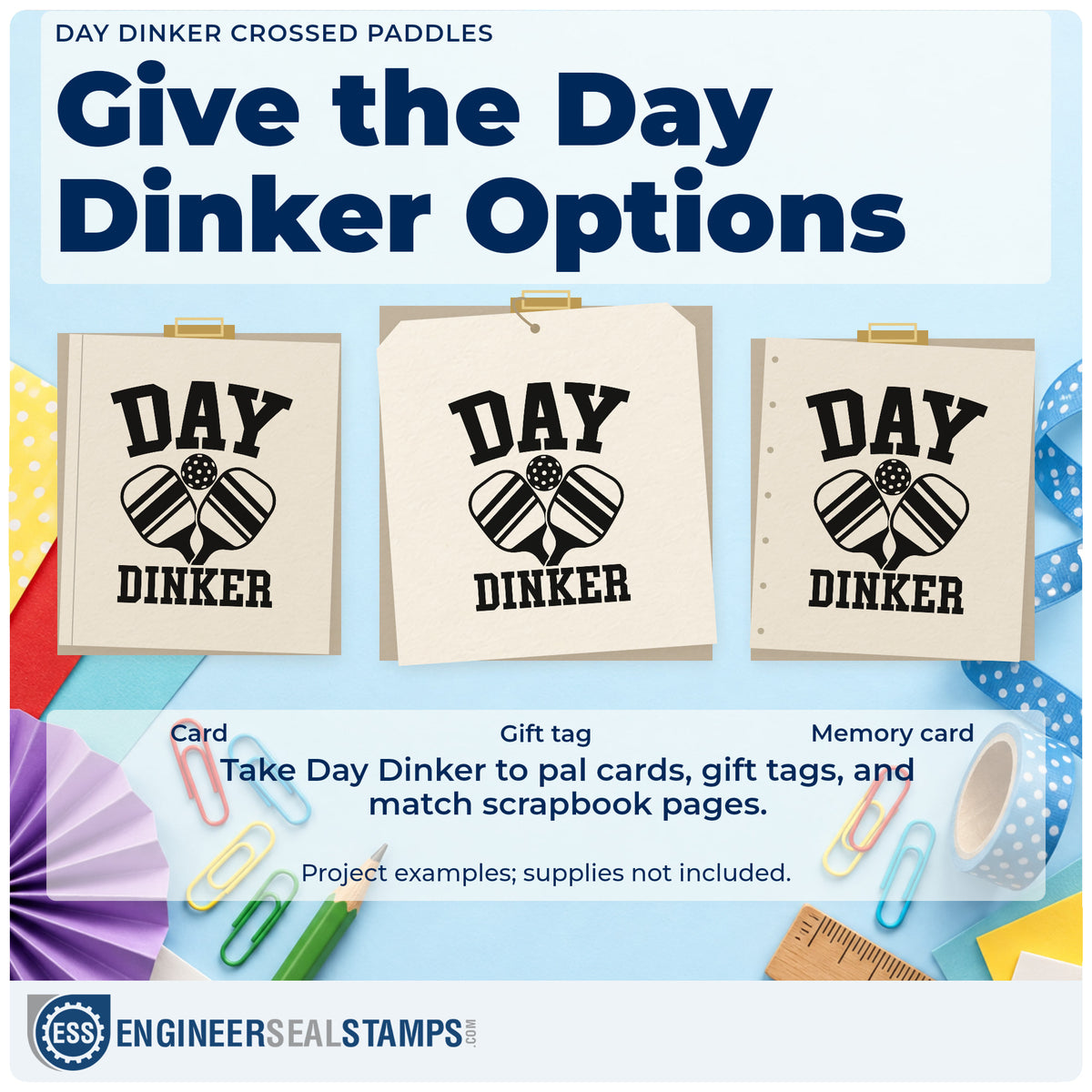 Three project examples made with the Day Dinker Crossed Paddles Premium Wood-Mounted Stamp – Vintage Pro, including court slot sheet.