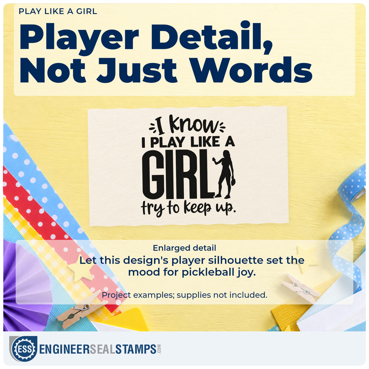 Enlarged detail of the Vintage Pro Play Like A Girl Premium Wooden Stamp imprint. I know I PLAY LIKE A GIRL try to keep up appears beside a female player silhouette.