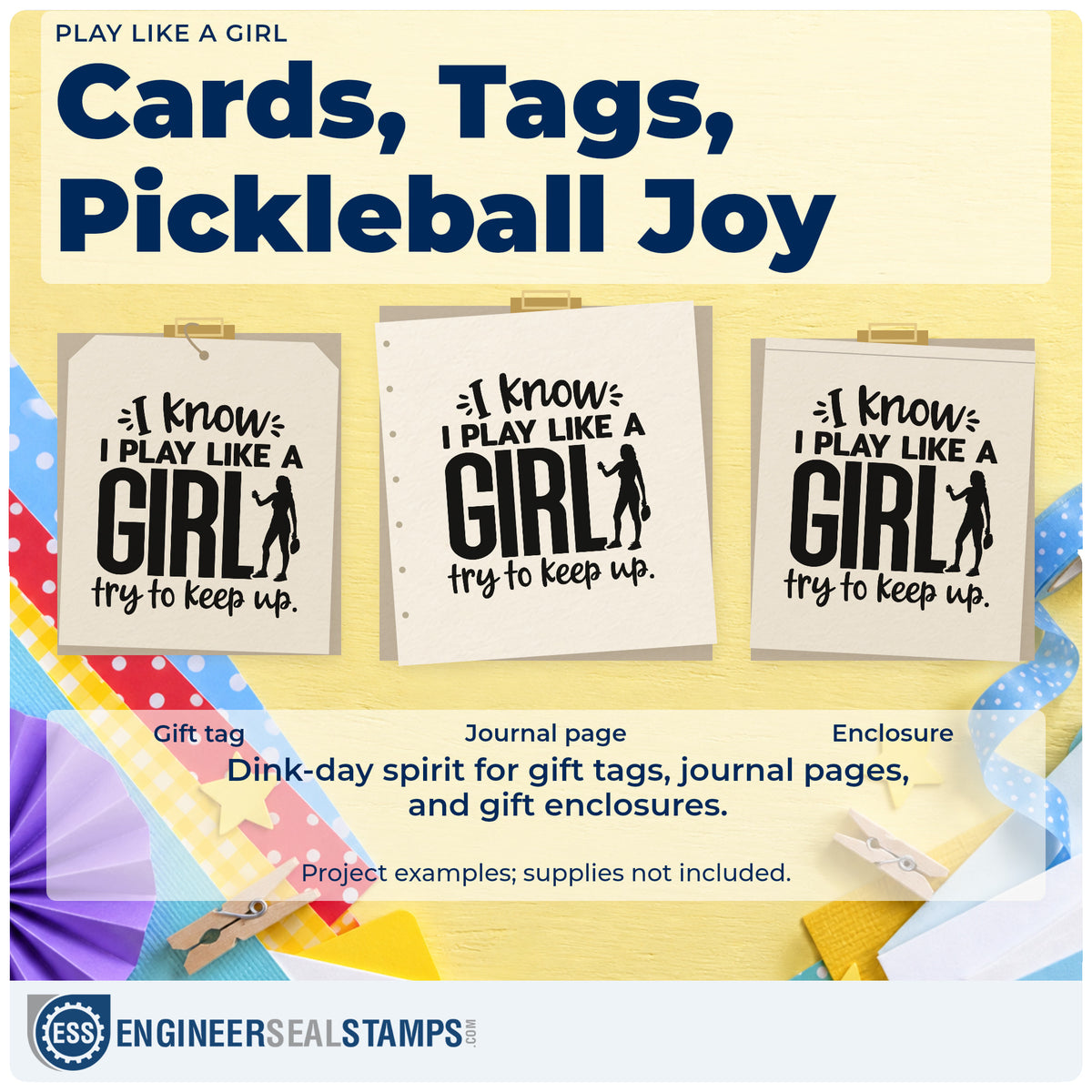 Three project examples made with the Play Like A Girl Craft Stamp – Self-Inking, including match result sheet.