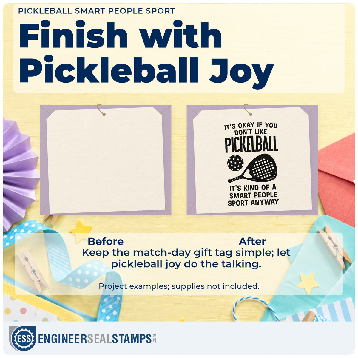 Before and after of a plain item finished with the Pickleball Smart People Sport Paddle Rubber Stamp – Duo Hand, a quick upgrade for framed garage shelf.