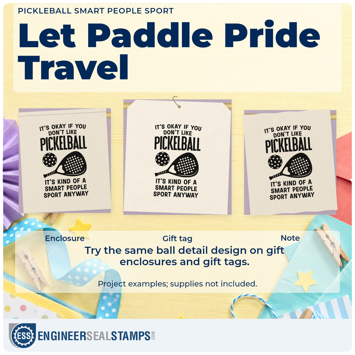 Three project examples made with the Pickleball Smart People Sport Paddle Rubber Stamp – Duo Hand, including head to head sheet.