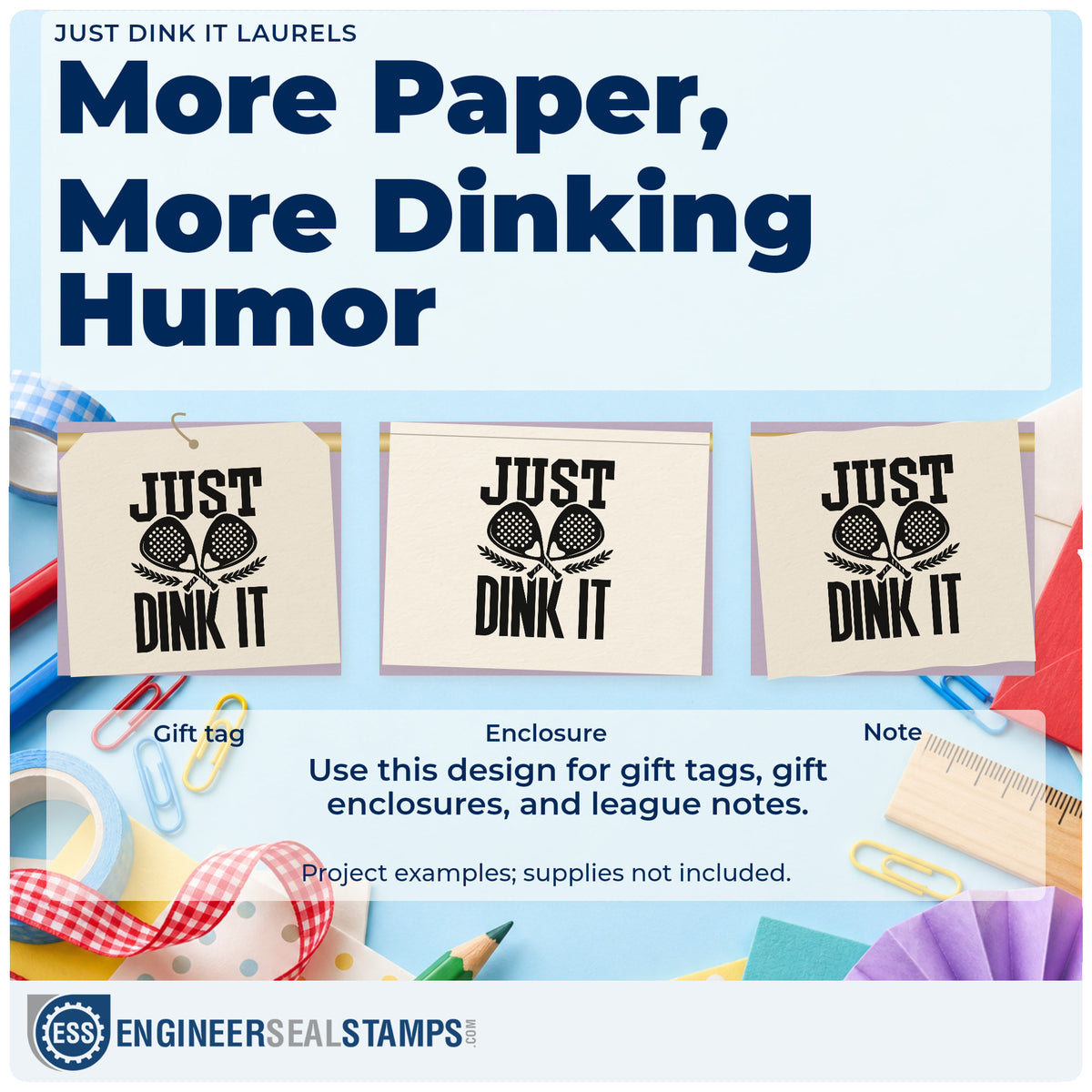Three project examples made with the Just Dink It Laurels Hand Stamp – Duo, including week plan sheet.