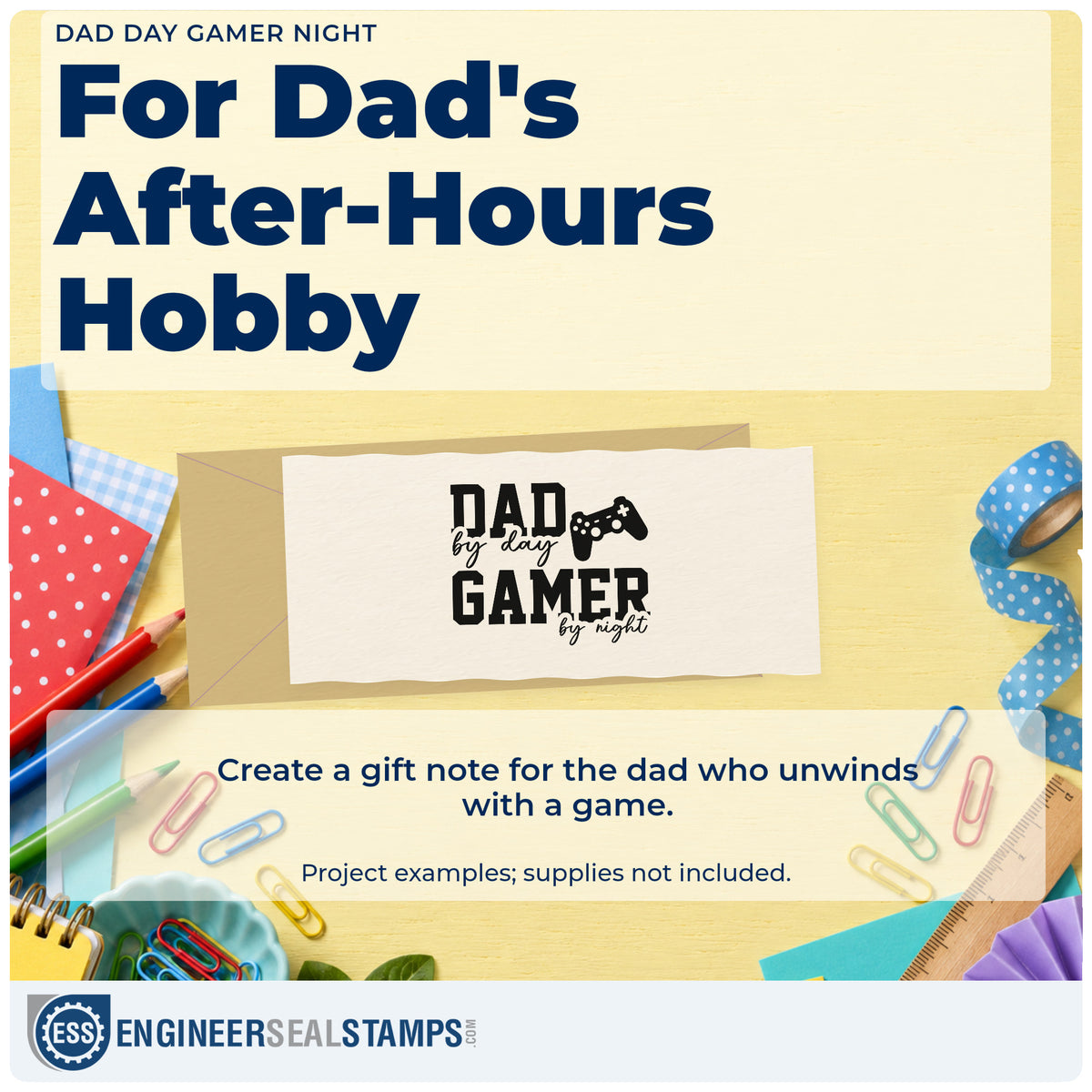 A finished handmade project stamped with the Dad By Day Gamer By Night Slim Pre-Inked Stamp, ideal for play together album page.