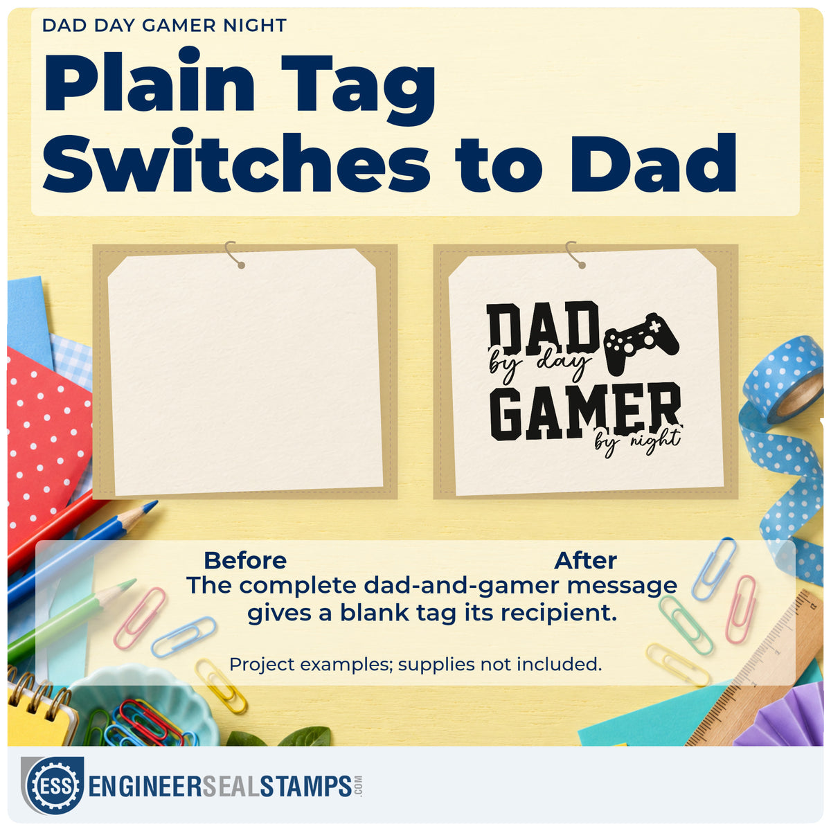 Before and after of a plain item finished with the Dad By Day Gamer By Night Pre-Inked Stamp – PSI, a quick upgrade for framed den shelf.