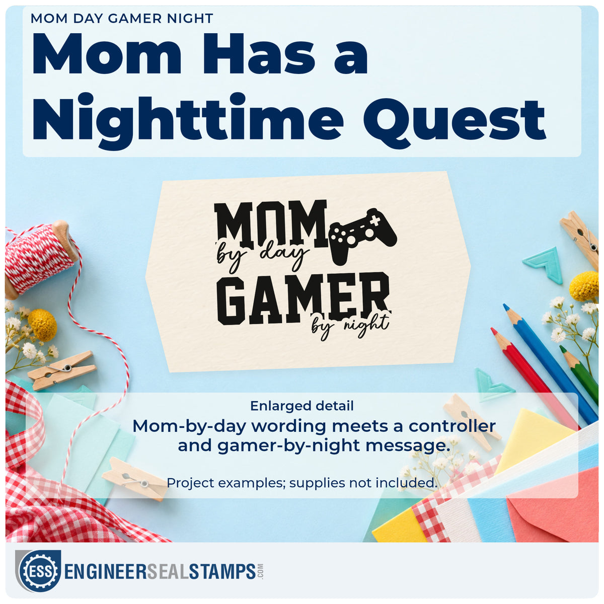 Enlarged detail of the Mom Day Gamer Night Premium Wood-Mounted Stamp – Vintage Pro imprint. MOM by day GAMER by night appears beside a game controller.