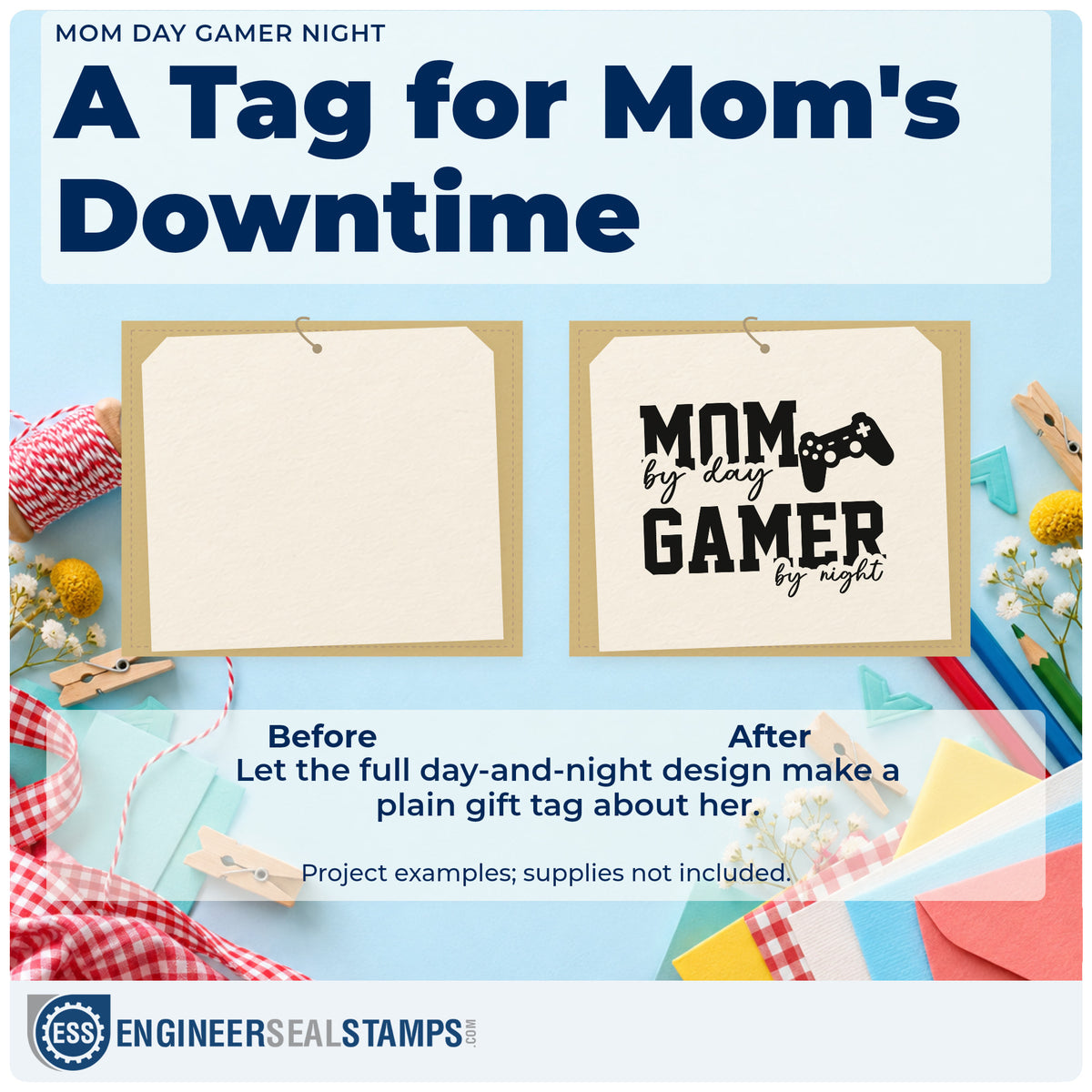 Before and after of a plain item finished with the Mom Day Gamer Night Premium Wood-Mounted Stamp – Vintage Pro, a quick upgrade for framed living shelf.