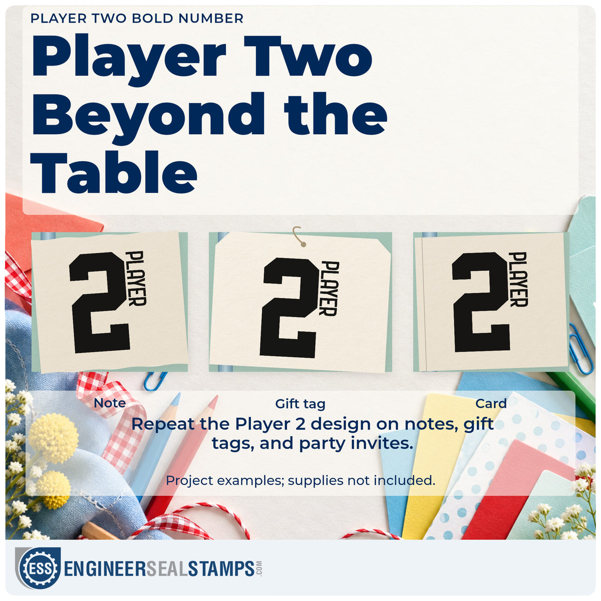 Three project examples made with the PSI Pre-Inked Player Two Bold Number Stamp, including game queue sheet.