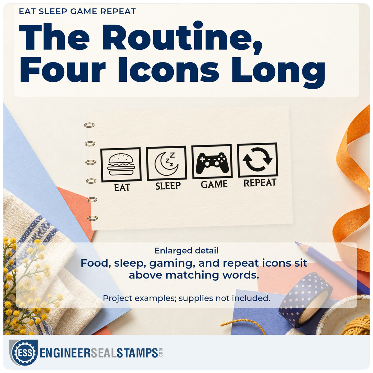 Enlarged detail of the Vintage Pro Eat Sleep Game Repeat Premium Wooden Stamp imprint. Four small boxed icons show a burger, sleeping moon, controller, and repeat arrows above EAT SLEEP GAME REPEAT.